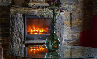 a vase with flowers on a table in front of a fireplace at Apartamentos Rurales El Foro in Andés