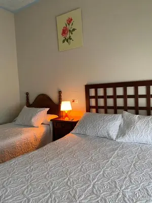 a bedroom with two beds and a table with a lamp at A lastra in Villamartín