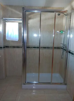 a shower with a glass door in a bathroom at Hotel San Cibrao in San Ciprián de Viñas