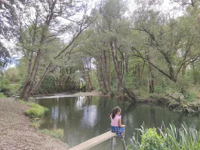 a little girl sitting on a bridge over a pond at Casita junto al Río en un entorno natural in Monforte de Lemos