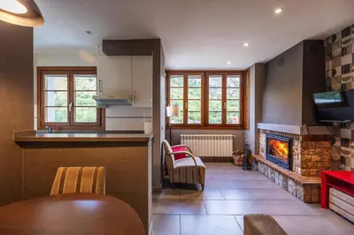 a kitchen and living room with a fireplace at Apartamentos Casa Miño in Pola de Somiedo