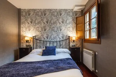 a bedroom with a large bed with blue pillows at Apartamentos Casa Miño in Pola de Somiedo