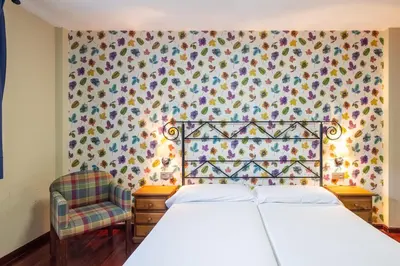 a bedroom with a bed and a floral wallpaper at Hotel Casa Miño in Pola de Somiedo