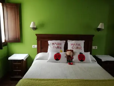 a green bedroom with a bed with a doll sitting on it at Luna de Vilar in Vilarpescozo