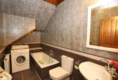 a bathroom with a toilet and a sink and a washing machine at Apartamentos lagunas in Castropol