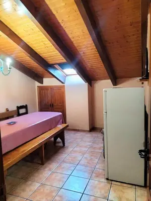 a room with a bed and a refrigerator at Casa los Ancares in Vega de Espinareda