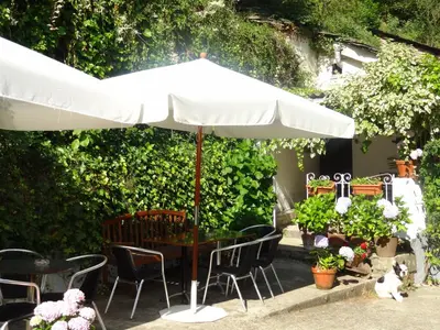 a table and chairs under an umbrella in a garden at Hotel Restaurante Marroncín in Cangas del Narcea