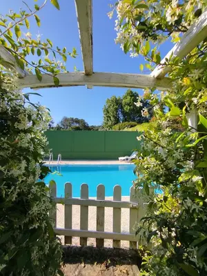 a view of a swimming pool through the trees at Villa Salgueiros in Teo