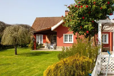 a red house with a green yard with a tree at Villa Salgueiros in Teo