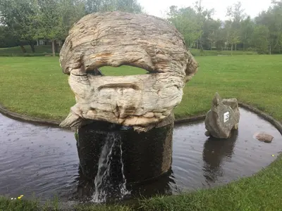 a statue of a stone head in the water at Finca Galea in Carballido