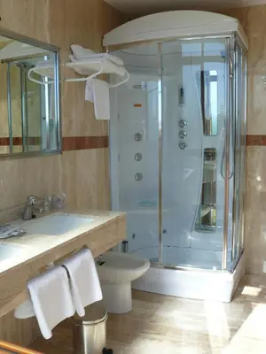 a bathroom with a shower and a toilet and a sink at Hotel Gran Casona de Sanabria in Puebla de Sanabria