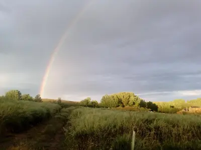 a rainbow over a field with a dirt road at Casa Rosi. Cumbres borrascosas Brañuelas in Villagatón
