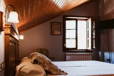 a dog laying on a bed in a room at Casa da Capilla in Gres