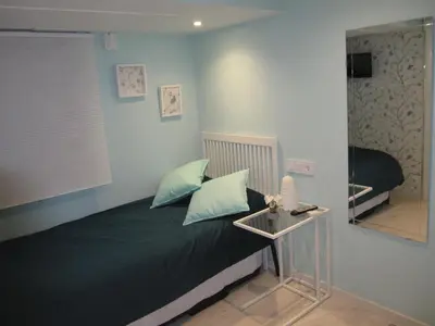 a bedroom with a bed with green pillows and a mirror at Albergue San Francisco in Arzúa