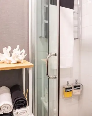 a shower with a glass door and some towels at Apartamento de diseño centrico con terraza espectacular in Santiago de Compostela