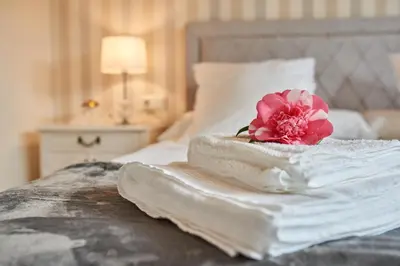 a pink flower sitting on top of a bed at Casa Entera A Ferradura in Melide