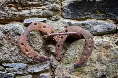 a rusty horseshoe on the side of a stone wall at Casa Entera A Ferradura in Melide