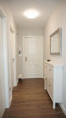 a hallway with a white door and a wooden floor at Apartamento Vía Romana XIX in Lugo