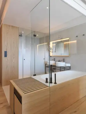 a bathroom with a glass shower and a sink at Noa Boutique Hotel in Santa Cruz de Oleiros
