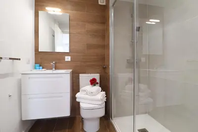 a bathroom with a shower and a toilet and a sink at Estación de tren by Como en Casa in Santiago de Compostela