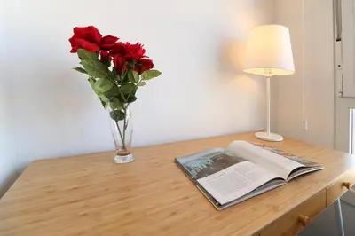 a vase of red roses and a book on a table at Estación de tren by Como en Casa in Santiago de Compostela