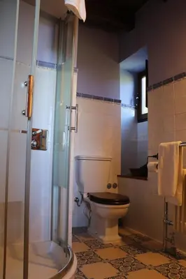 a bathroom with a toilet and a glass shower at Casa Rural Norita - Adults only in Lourenzá