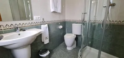 a bathroom with a sink and a toilet and a shower at Hotel Casa Benilde in Palas de Rei
