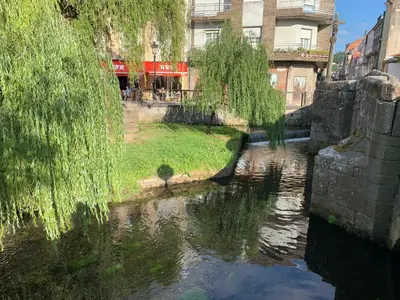 a river in a city with trees and buildings at Home Sweet Home in Caldas de Reis