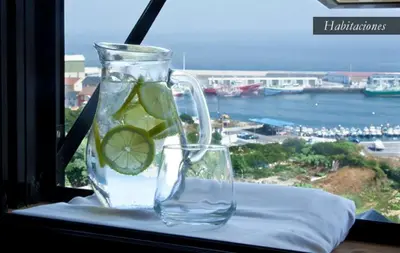 a glass vase with a slice of lime in a window at Hotel Palacio de Cristal in Burela de Cabo