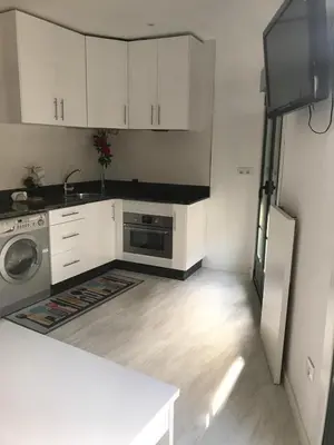 a kitchen with white cabinets and a sink and a refrigerator at A Casiña do Leo in Ourense