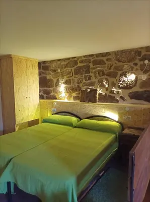 a bedroom with a green bed with a stone wall at Apartamento do Xurés in Maus de Salas