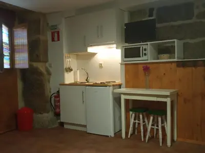 a small kitchen with a sink and a microwave at Apartamento do Xurés in Maus de Salas