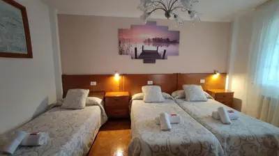 a bedroom with two beds and a painting on the wall at Casa David in Tríacastela