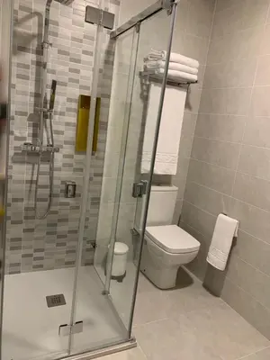 a bathroom with a toilet and a glass shower at Galerías 16 Viviendas Turísticas in Lugo