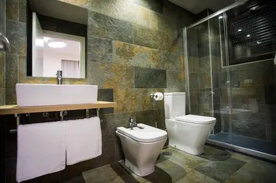 a bathroom with a toilet and a sink and a shower at Villa Lucerna Sports & Hotel Resort in Vigo de Sanabria