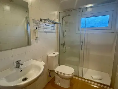 a bathroom with a shower and a toilet and a sink at Hotel Reigosa in Pontevedra
