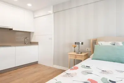 a small bedroom with a bed and a kitchen at NC APARTMENT in Santiago de Compostela