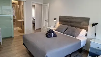 a bedroom with a large bed with a purse on it at Soleado a un Paseo de la Catedral in Santiago de Compostela