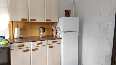 a kitchen with a white refrigerator and wooden cabinets at Casa do Gaiteiro - Casa de Aldea en O Pereiro in Pereiro