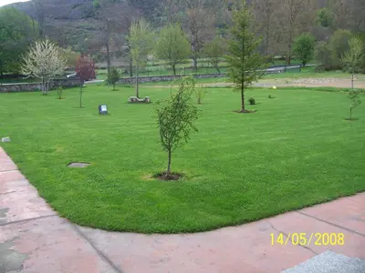 a park with two trees in the grass at Hotel La Mora in Villaseca de Laciana