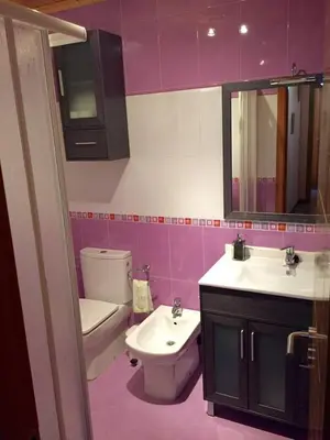 a bathroom with a sink and a toilet and a mirror at M Ramona Reja Díaz in Lourenzá