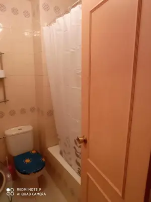 a bathroom with a toilet with a shower curtain at Precioso PISO en Villafranca del Bierzo in Villafranca del Bierzo