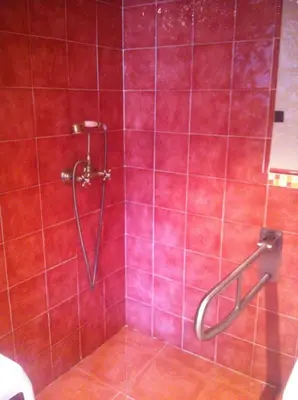 a red tiled shower with a hose in a bathroom at Hotel Rural La Veleta in Murias de Rechivaldo