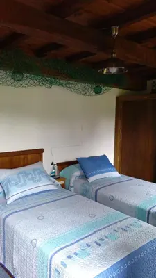 a bedroom with two beds and a ceiling at A Minguxaina in Ribadeo