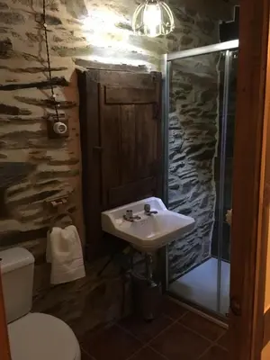 a bathroom with a sink and a toilet and a shower at CASA RURAL BIERZO ENCANTADO in Valle de Finolledo