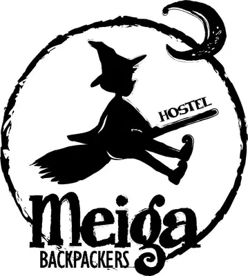 a silhouette of a witch flying on a broomstick with the text magic backpacks at Meiga Backpackers Hostel in Santiago de Compostela