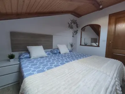 a bedroom with a large bed and a mirror at Buen Camino Arzua in Arzúa