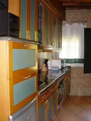 a kitchen with a stove and a counter top at Casa en Viñoas (Ribeira Sacra) in Viñoás