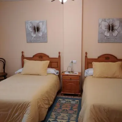 a bedroom with two beds and a table with a lamp at Casa Rural Leonor in San Ciprián
