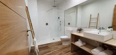 a bathroom with a sink and a shower and a toilet at Apartamentos Antares 2 in Milladoiro